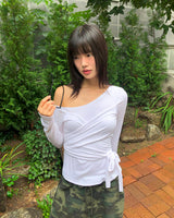Evin ribbon Unbalanced Layered One-Off Shoulder Long-Sleeved T-Shirt