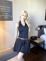 1280. Stripe halter low belt pleats mini ops