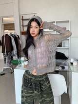 NET SEE-THROUGH KNIT HOOD ZIP-UP