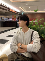 Look Rogane Color-Block Layered Henley Neck Waffle Long Sleeve T-Shirt