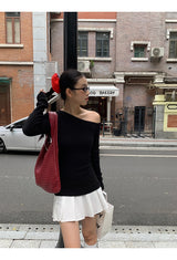 Black Unbalanced Long-Sleeved Knitwear Frill Dress