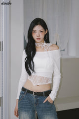 Lace Choker Scarf Unbalanced Long-Sleeved T-Shirt