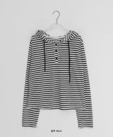 サユストライプボタンフード長袖Tシャツ