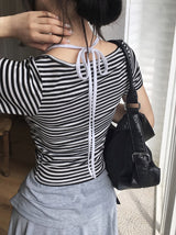 イショ フェイクレイヤード ホルター ストライプ ボタン ショートスリーブ Tシャツ