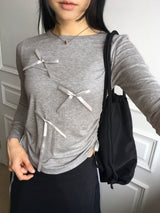 [Ribbon pins included] Pko サイドシャーリングストリングリボンロンTウィズリボンピン