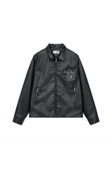 Metal Cross Logo Textured Leather Jacket