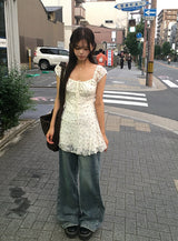 Muty Flower Ribbon Lace Mini One Piece