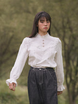 High-Neck Lace-Frill Blouse (Ivory)