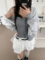 オフィスレースホックスリムフィットビスチェスリーブレストップ (Gray)