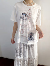 アップリケプリントパッチワークルーズショートスリーブTシャツ