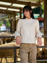 High-Neck Lace-Frill Blouse (Beige)