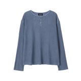 Layered Loose Waffle Henley Neck Long Sleeve Tee - FADE NAVY