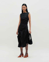 DOZI - Sleeveless Pinched Long Dress _ BLACK