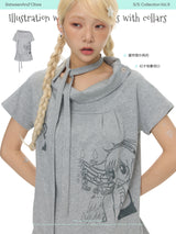 BETWEENAND  Original summer design with a unique look; gray collar, versatile short-sleeve T-shirt for women