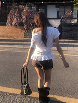 Libby Frill Shirring Off-Shoulder Short Sleeve T-Shirt