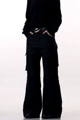 Black Wrinkled Flare Dress Trousers
