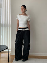 Hand shirring off-shoulder spandex short-sleeved T-shirt
