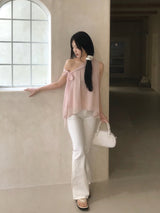 Lovie Unbal One-Shoulder Ribbon Chiffon Blouse