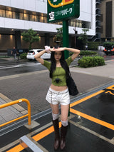 オリーブ ダイアリー ボタン Uネック スリムフィット Tシャツ