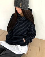 ジアン ストライプ ボタン フードTシャツ