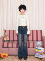 イレギュラーカラーブロッキングフレアドスリーブ長袖ニッティドTシャツ