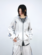 RELABEL (Daylight Fade) Dreamy Striped Patchwork Double-Layer Hand-Stitched Distressed Stitching Heavy-Washed Zip-Up Hoodie