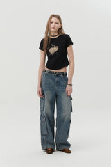 MELTING CHERRY PRINTED CROP T-SHIRT - BLACK