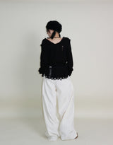 ラバーVネックダメージカットポイント長袖ニット (wool material)