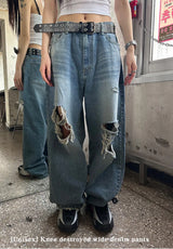 [Unisex] ニーデストロイドワイドデニムパンツ