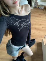 Beads Unbalanced Off-Shoulder Laced Long-Sleeved T-Shirt