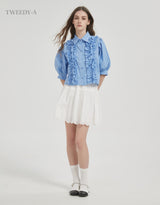 Double ribbon lace banding flare skirt white