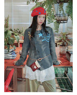 UnsocialNight original literary wool contrast colour フラワーアレンジメントプリントツイードジャケット detachableレースコート