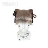 Handcrafted Crochet Cat Ear Beanie with Side Bows，Fluffy Long Fuzzy Brim,  knit Cute Hat