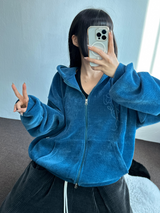 リボンパターンベルベットフードジップアップ💚💙🖤 - 3カラー