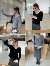 Preppy V-neck Shirt Layered Long Sleeve Knitwear