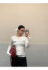 Bow Line Round Long Sleeve Knit T-shirt