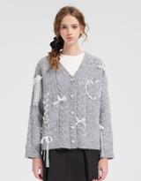 Dearlin Lace Oversized V-Neck Knit Cardigan Gray