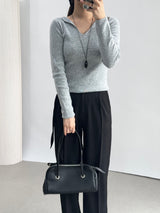 Ciar Collar V-Neck Slit Ribbed Long Sleeve Knit