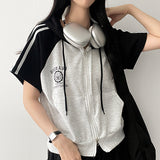 Coming Two-Way Line Coloring Short Sleeve Hooded Zip-Up