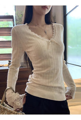 New wear レース Vネック ニット 長袖 Tシャツ