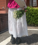 Owell Shirring Punching Lace Tiered Summer Long Skirt (4 Colors)