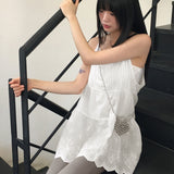 Airu pintuck punching lace layered string tank top mini dress