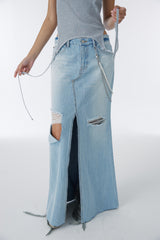 DAMAGED LONG DENIM SKIRT (BLUE)