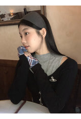 リップネックレイヤードロングスリーブチェックTシャツ