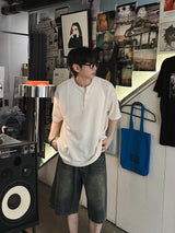 ASCLO ヘンリーネックオーバー半袖ニットTシャツ (2color)