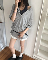 カリーヌリネンオーバーサイズフィットヘンリーネックオフショルダー半袖Tシャツ