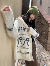 Bow Wide Hooded Knitwear Zip-Up Cardigan