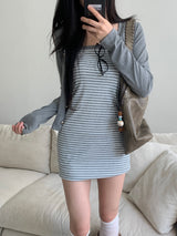 Light Hour Striped Sleeveless Dress & Silver Button Cardigan 2-piece Set (Gray)