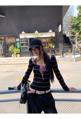 Pink strap striped striped long-sleeved t-shirt