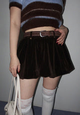 VELOUR BALLOON MINI SKIRT WITH STITCH BELT SET (BROWN)
